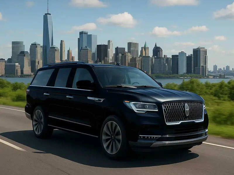 Luxury SUV transportation with city skyline